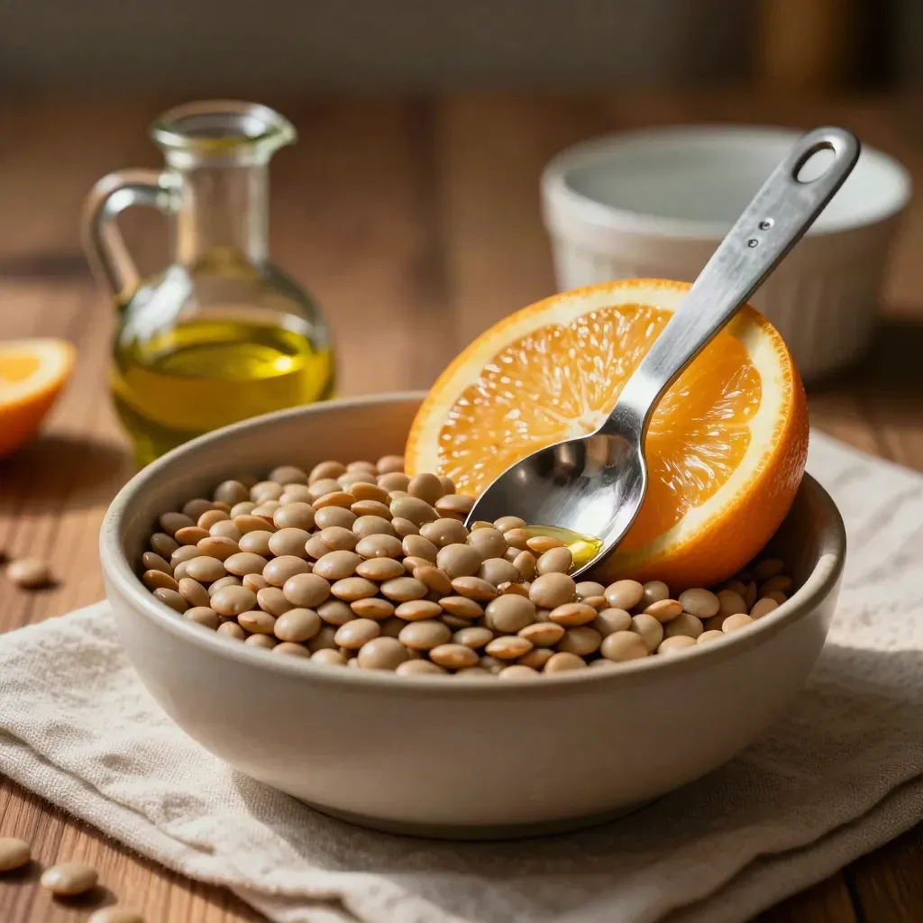 Mise en place de nutrición clínica con lentejas, cítricos y aceite de oliva en un bol cerámico.