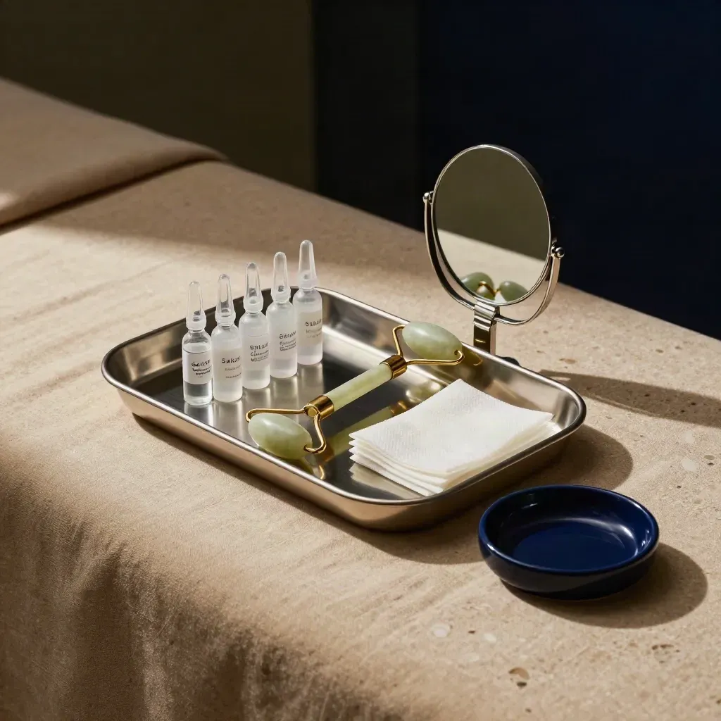 Mesa de medicina estética con bandeja estéril, ampollas séricas, rodillo facial y gasas sobre fondo oscuro.