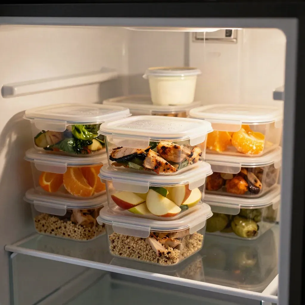 Frigorífico abierto con tuppers de comida sana, fruta cortada, yogur y hojas verdes ordenados.