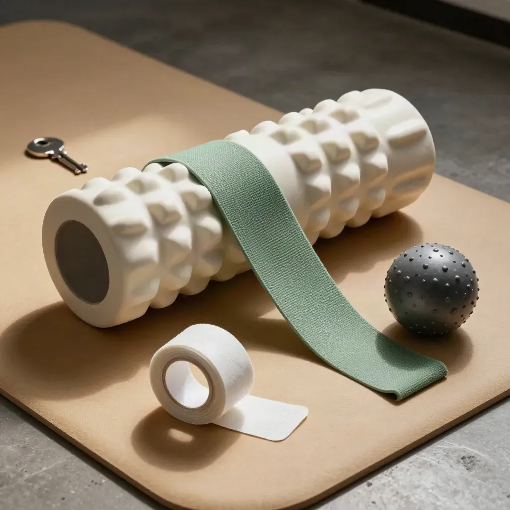 Kit de fisioterapia con banda elástica, cinta neuromuscular, pelota y rodillo sobre colchoneta.