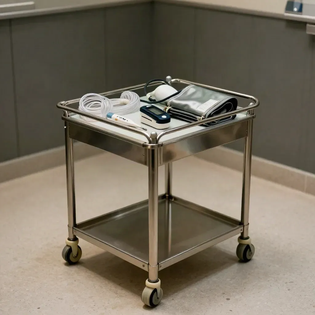 Carro médico compacto con tensiómetro, oxímetro, termómetro y tubos en una clínica con luz dramática.
