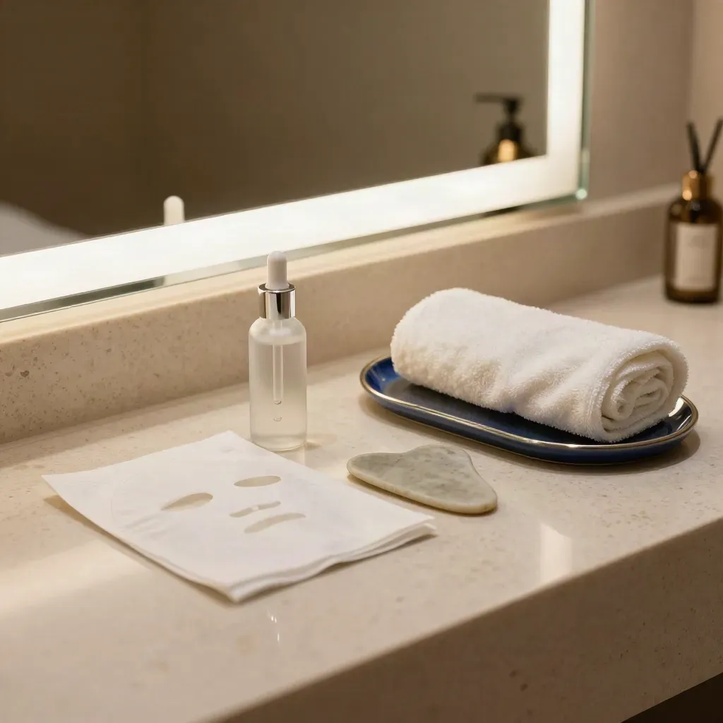 Tocador sereno con suero, gua sha, mascarilla plegada, espejo y toalla suave en una clínica.