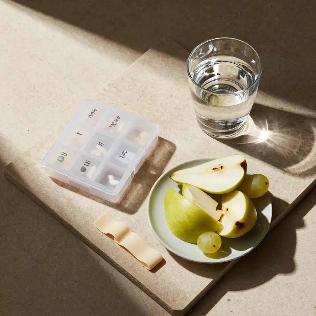 Pastillero, vaso de agua, fruta y banda elástica sobre piedra clara