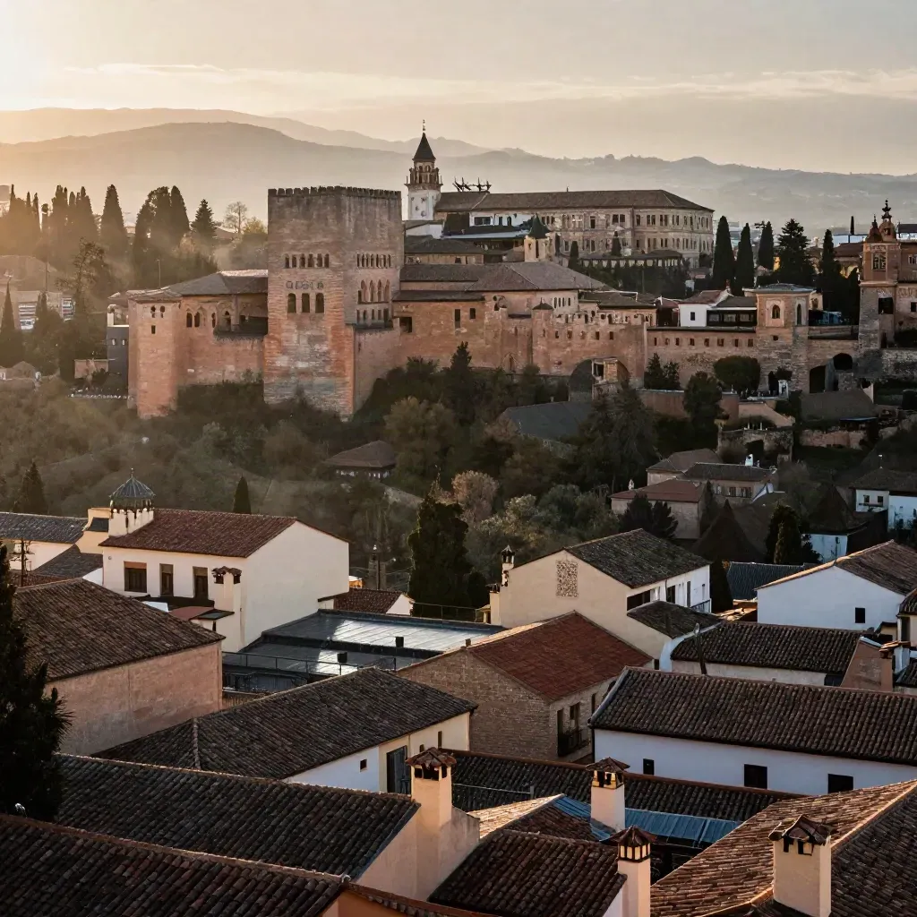 Vista aérea de Granada al amanecer con la Alhambra y el Albaicín sobre tejados húmedos.