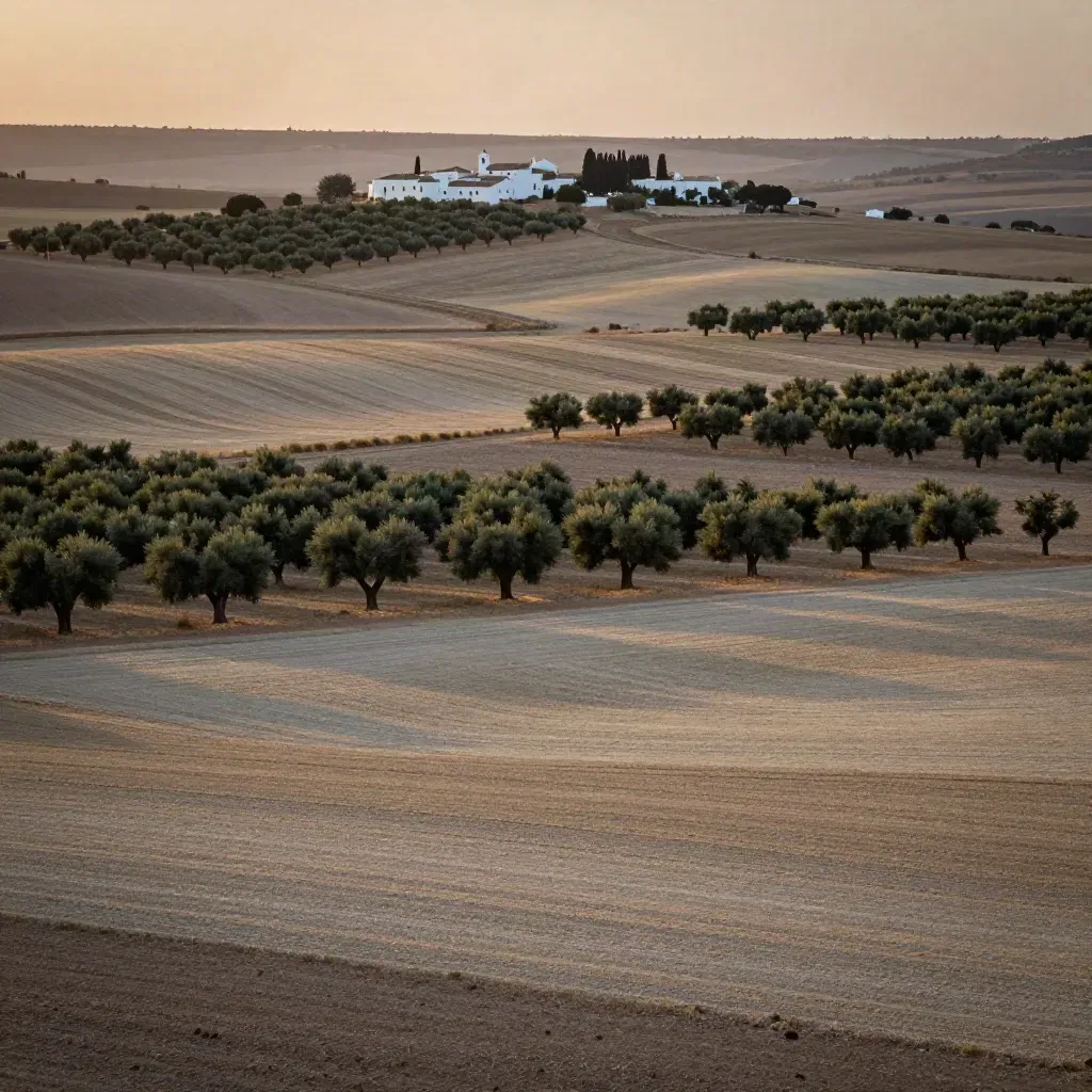 Vista de la Vega de Granada al atardecer, con huertos, acequias y caseríos blancos.