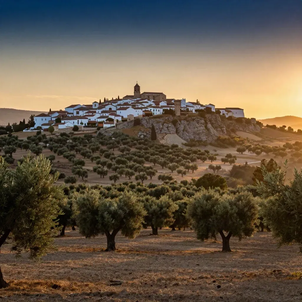 Montefrío al atardecer sobre un mar de olivos, con cielo azul profundo y polvo dorado.