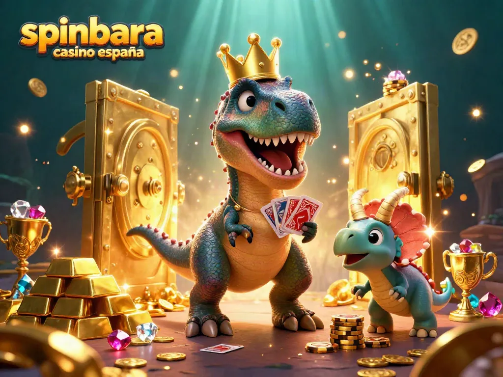 Experience the thrill of spinbara casino españa as a friendly T-Rex shuffles cards amidst treasure.